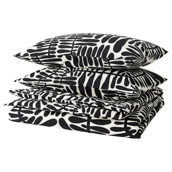 MAJSMOTT Duvet cover and 2 pillowcases, off-white/black, 200x200