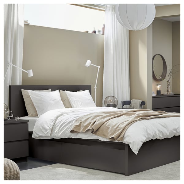 MALM Bed frame, high, dark grey/Lönset, Standard King