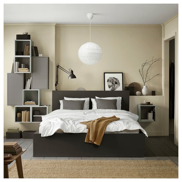 MALM Bed frame, high, dark grey/Lönset, Standard Double
