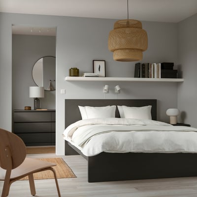 MALM Bed frame, high, dark grey/Lönset, Standard King