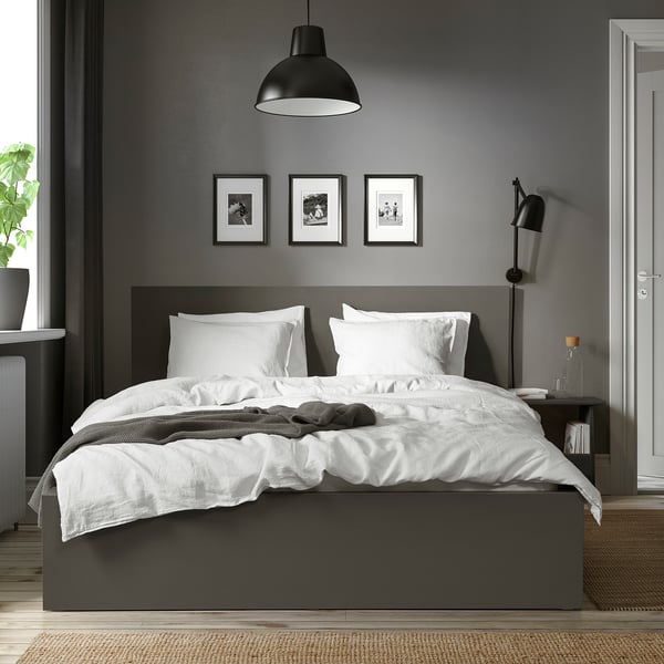 MALM Bed frame, high, dark grey/Lönset, Standard Double