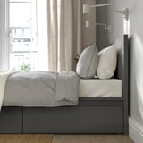MALM Bed frame, high, w 2 storage boxes, dark grey/Lönset, Standard King