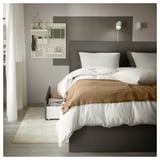 MALM Bed frame, high, w 2 storage boxes, dark grey/Lönset, Standard King