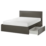 MALM Bed frame, high, w 2 storage boxes, dark grey/Lönset, Standard King