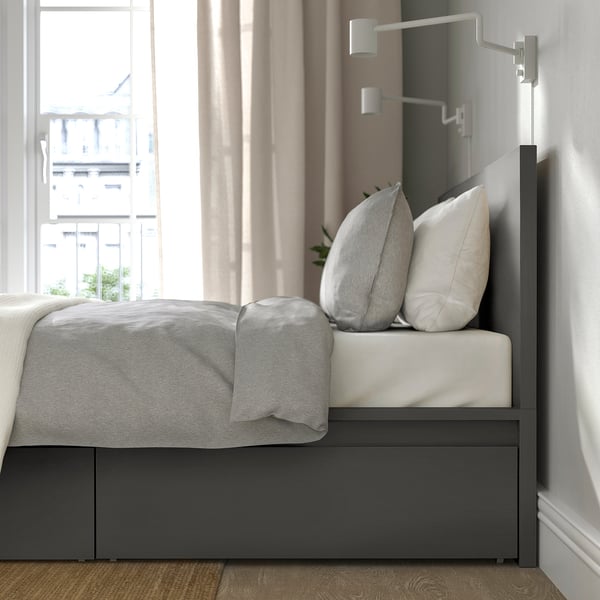 MALM Bed frame, high, w 2 storage boxes, dark grey/Luröy, Standard King