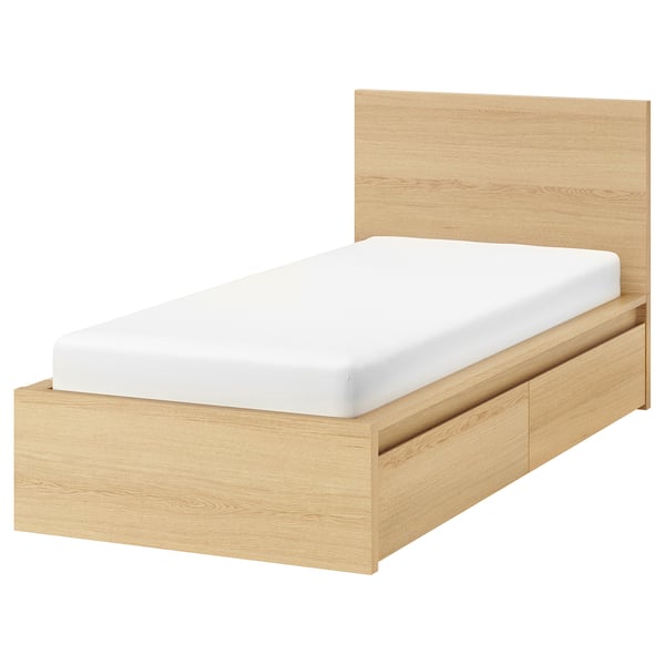 Malm White Stained Oak Veneer Lonset Bed Frame High W 2 Storage Boxes Standard Single Ikea