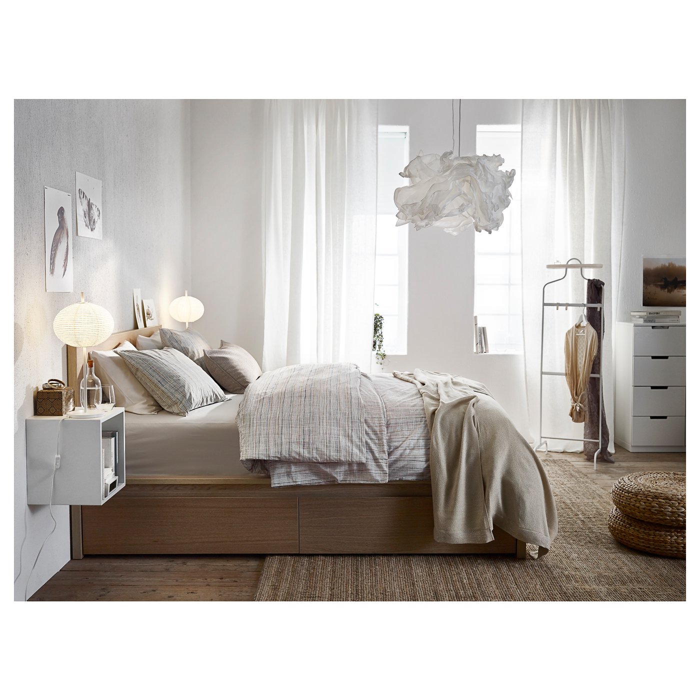 MALM Bed frame, high, w 2 storage boxes White stained oak veneer/lönset