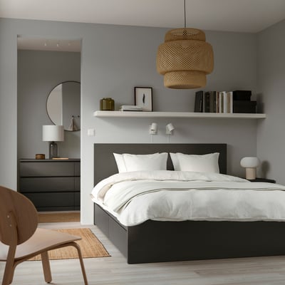 MALM Bed frame, high, w 4 storage boxes, dark grey, Standard King