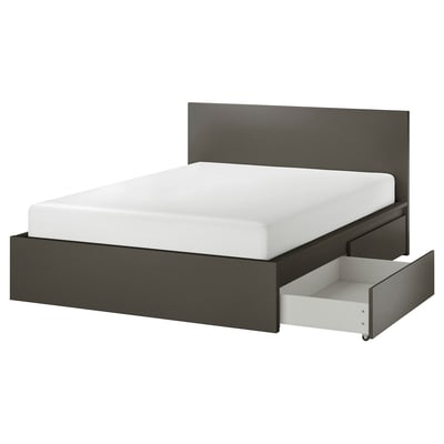 MALM Bed frame, high, w 4 storage boxes, dark grey, Standard King