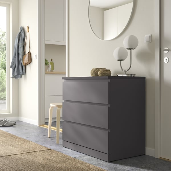 MALM Chest of 3 drawers, dark grey, 80x78 cm