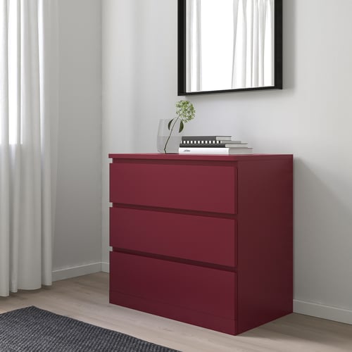 MALM dark red, Chest of 3 drawers, 80x78 cm IKEA