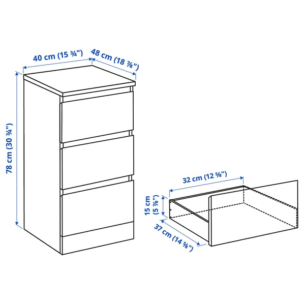 MALM white stained oak veneer, Chest of 3 drawers, 40x78 cm - IKEA