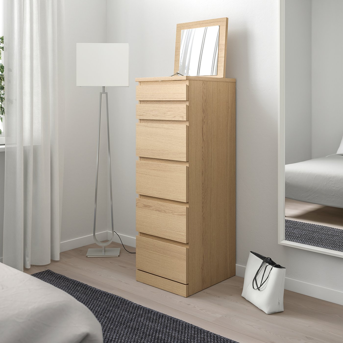 MALM oak veneer, mirror glass, Chest of 6 drawers, 40x123 cm IKEA