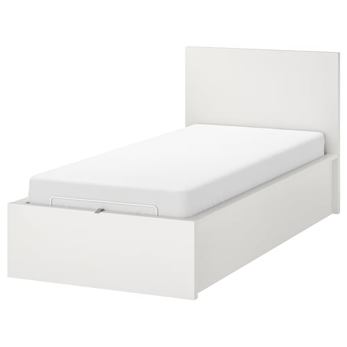 A white MALM bed with a headboard, featuring storage and a slatted base.