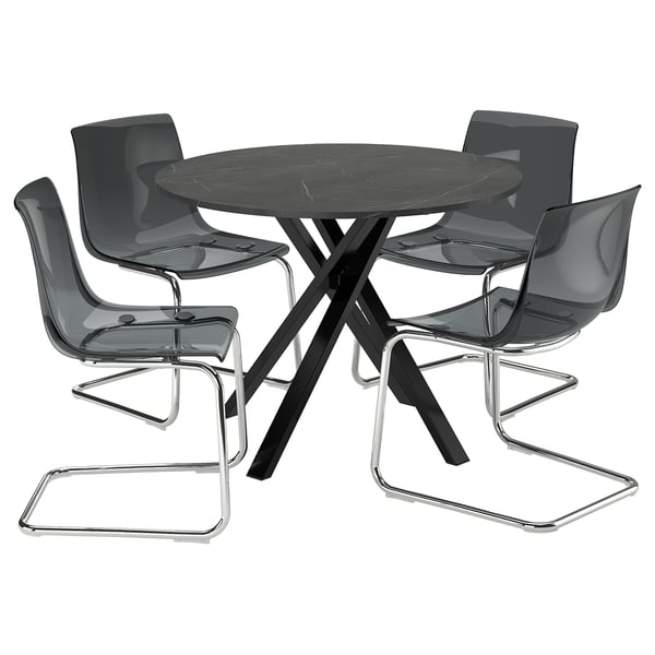 MARIEDAMM / TOBIAS Table and 4 chairs, black marble effect/grey chrome-plated, 105 cm
