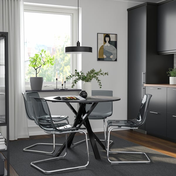 MARIEDAMM / TOBIAS Table and 4 chairs, black marble effect/grey chrome-plated, 105 cm