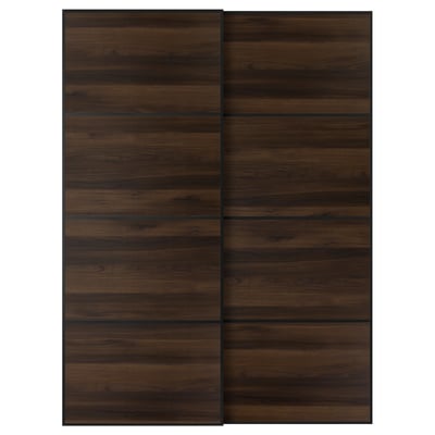 MEHAMN Pair of sliding doors, black/double sided dark brown oak effect, 150x201 cm