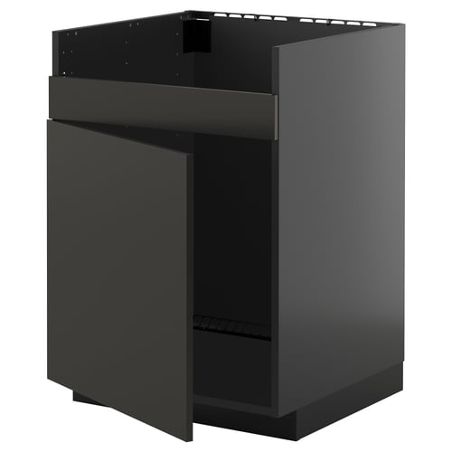 Black kitchen cabinet, modern design, rectangular shape, with one open shelf and empty interior.