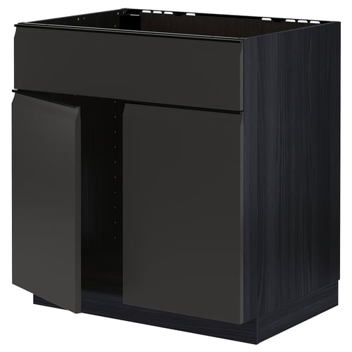 Black METOD kitchen cabinet, dark wood finish, rectangular, glossy edges.