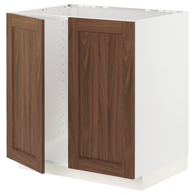 METOD Base cabinet for sink + 2 doors, white Enköping/brown walnut effect, 80x60 cm