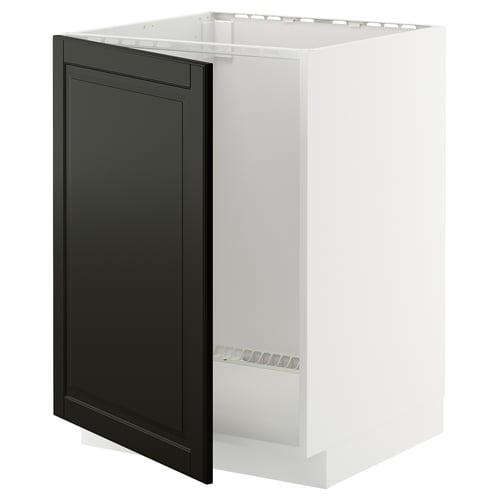 A METOD kitchen cabinet with a black bodbyn door, featuring a bevelled edge design. The cabinet is white and has a rectangular shape.