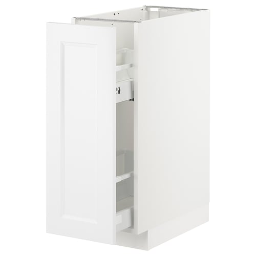 A white METOD kitchen cabinet with a modern design featuring pull-out storage.