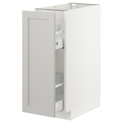 A white METOD kitchen cabinet with bevelled grey fronts and pull-out shelves.