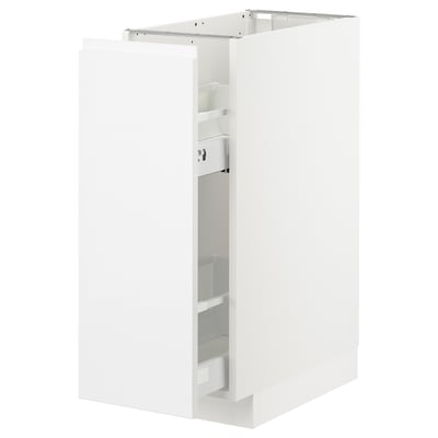 A white METOD kitchen cabinet with integrated handles and clear drawers.