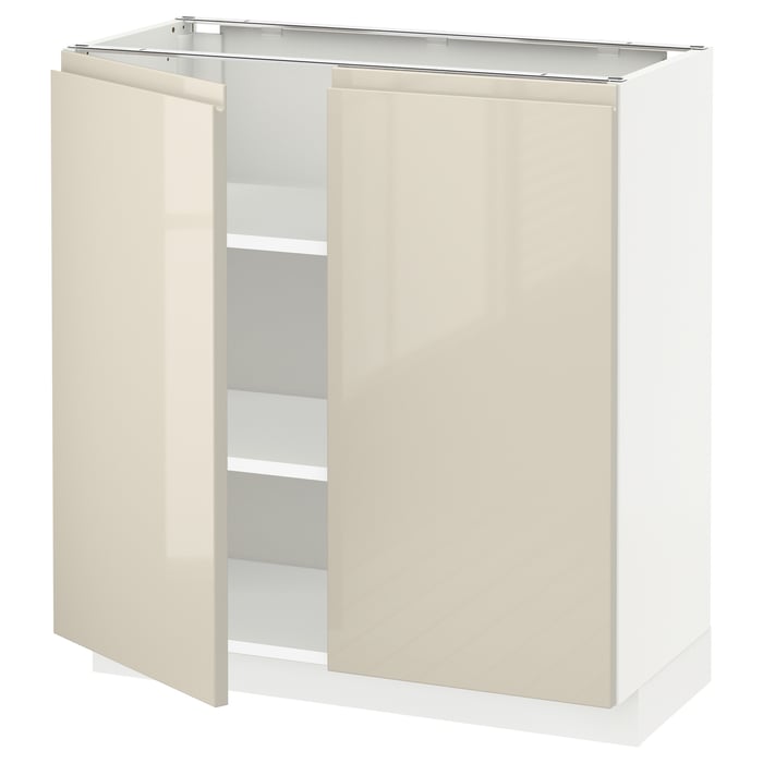 METOD base with shelves/2 doors, white/Voxtorp highgloss light