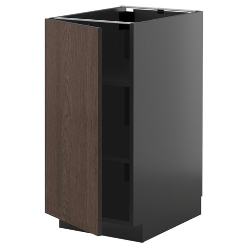 Dark brown wooden cabinet with grey high-gloss sides and adjustable shelves.
