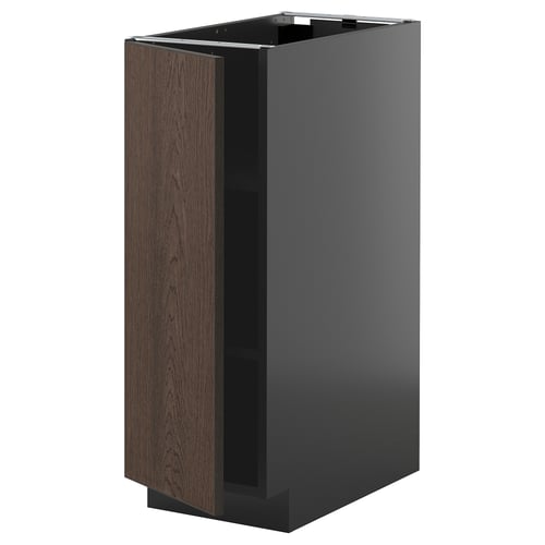 Modern black and dark wood kitchen cabinet with open door.