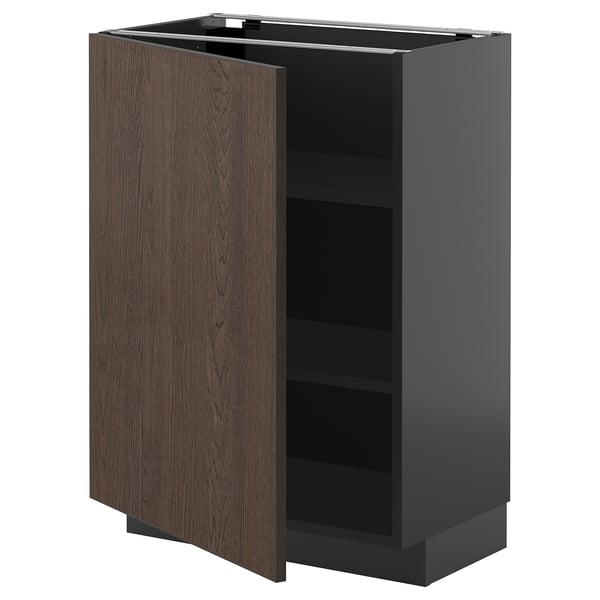 METOD Base cabinet with shelves, black-grey/Sinarp brown, 60x37 cm