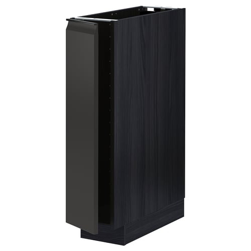 Modern black kitchen cabinet with sleek, no-handle design, featuring a square, sturdy structure.