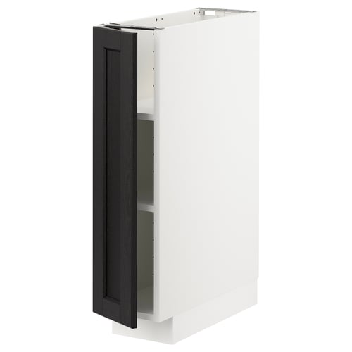 Modern white cabinet, black door, square shape, adjustable shelves.