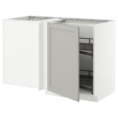 METOD Corner base cab w pull-out fitting, white/Lerhyttan light grey, 128x68 cm