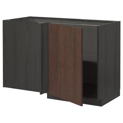 METOD Corner base cabinet with shelf, black/Sinarp brown, 128x68 cm