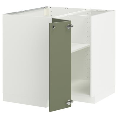 White and green METOD kitchen unit with shelves. Corner design, sturdy frame, and grey-green door.