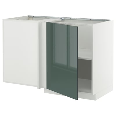 METOD Corner base cabinet with shelf, white/Kallarp high-gloss dark grey-green, 128x68 cm