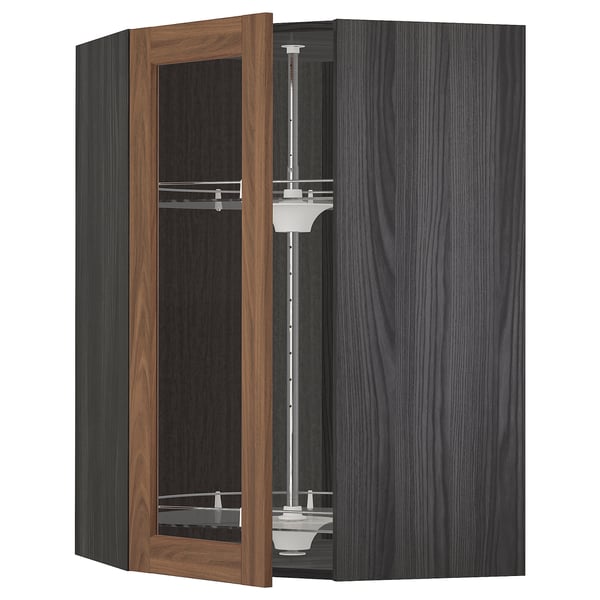 METOD Corner wall cab w carousel/glass dr, black Enköping/brown walnut effect, 68x100 cm