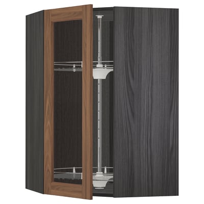 METOD Corner wall cab w carousel/glass dr, black Enköping/brown walnut effect, 68x100 cm