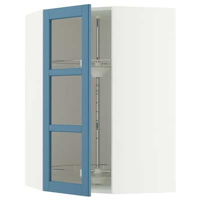 METOD Corner wall cab w carousel/glass dr, white/Lerhyttan blue, 68x100 cm
