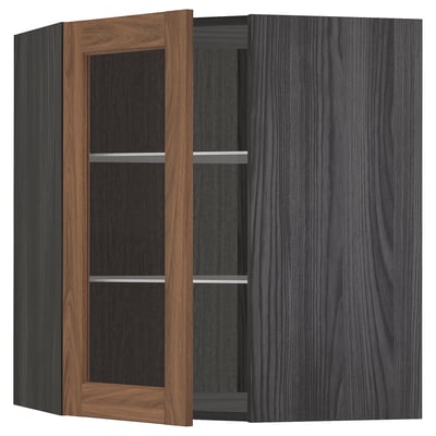 METOD Corner wall cab w shelves/glass dr, black Enköping/brown walnut effect, 68x80 cm