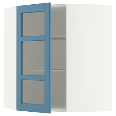 METOD Corner wall cab w shelves/glass dr, white/Lerhyttan blue, 68x80 cm