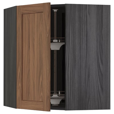 METOD Corner wall cabinet with carousel, black Enköping/brown walnut effect, 68x80 cm
