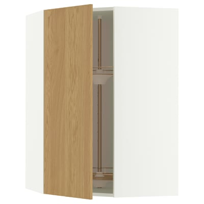 METOD Corner wall cabinet with carousel, white/Sinarp oak veneer, 68x100 cm