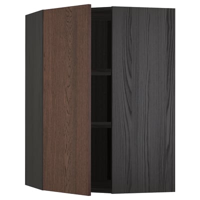 METOD Corner wall cabinet with shelves, black/Sinarp brown, 68x100 cm