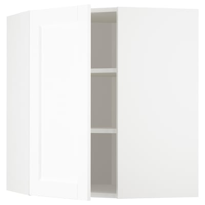A white METOD kitchen corner unit with two shelves and adjustable shelving.