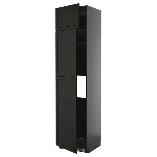 Black tall kitchen cabinet with adjustable shelves, modern design.