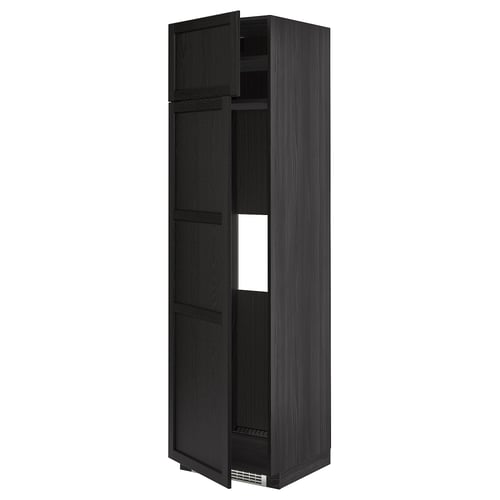 METOD black stained wooden kitchen unit, tall cabinet with shelves, dark colour, traditional design.