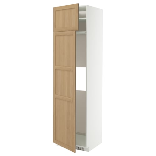 White and oak ikea METOD kitchen cabinet, tall with door open.